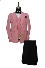Men Pink And Black Pants Suits Designer Wedding Dinner Suits (Coat+ Vest+ Pant)