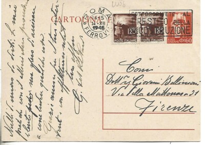 1946 1.20L X2 DEM ON FULL POSTCARD 60C FROM ROME X FLORENCE