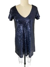 Lulu's Womens Light Up The Night Blue Sequined Short Sleeve Dress Size XS
