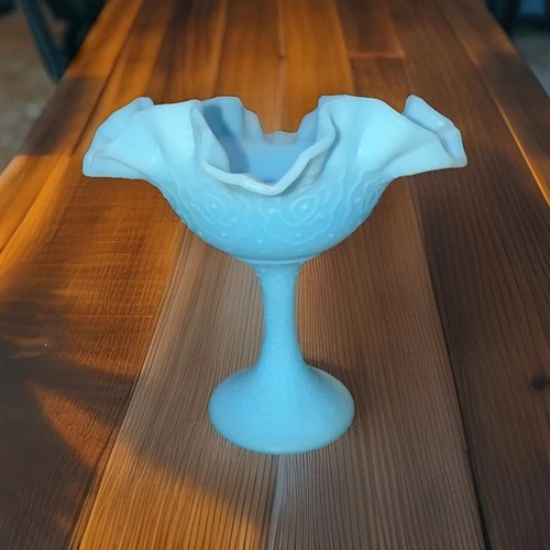 Fenton Persian Medallion blue milk satin glass compote ruffled edge