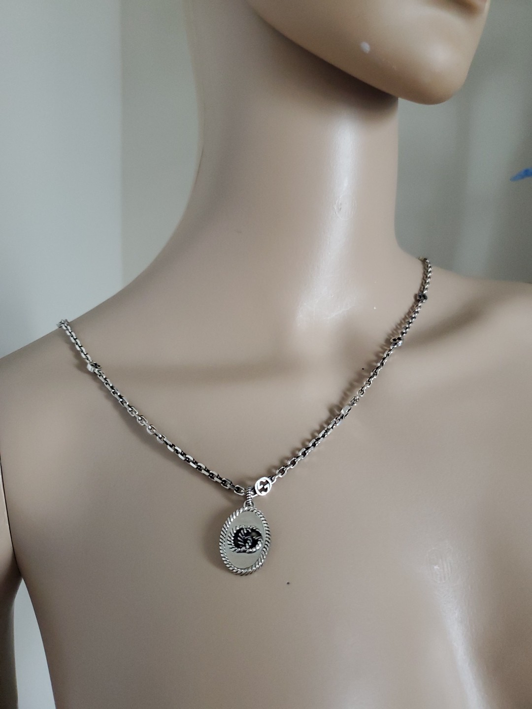 Gucci Sterling Aged Silver GG Marmont Pendant Chain Necklace Unisex V-DAY RARE thumbnail 7