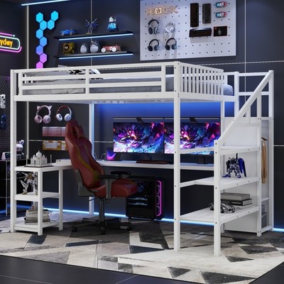Metal Queen Loft Bed with Wardrobe and LED Light Queen Size Loft Bed with Desk