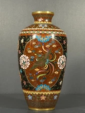 Japanese Meiji Cloisonné Vase 8.5” Floral & Phoenix Design – Excellent Condition