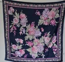 Vintage Scarf Pink  Purple Floral on Blue Backround 30 30 Square Made In Italy