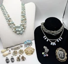 Vintage Rhinestone/Enamel Lot Flowers KJL Florenza Blue Milk Glass Japan Retro