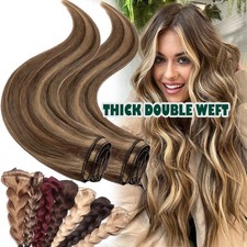 THICK Double Weft Clip In 100 Remy Human Hair Extensions Full Head 8PCS Clip On