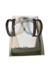 Sterling Silver 925 Marcasite Half Hoop Earrings, Two Row Milgrain, Boxed