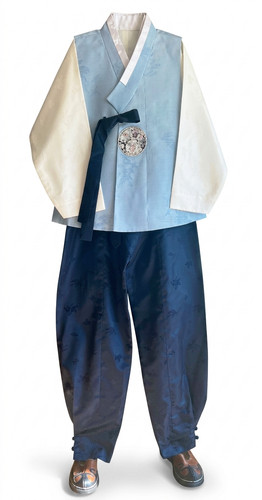 Korean Traditional Silk Hanbok Set Men-Ivory Sky blue Purple Tall Slim Size S