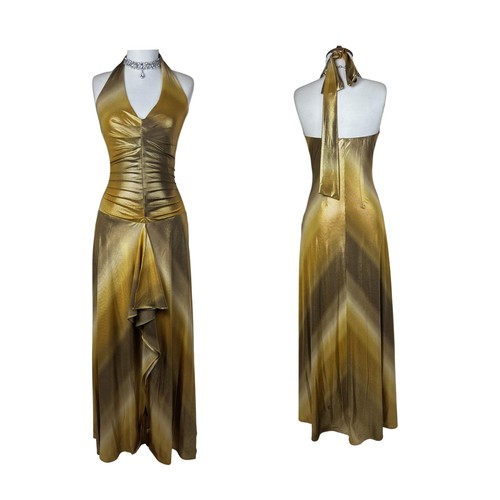Vintage Gold Metallic Halter Gown Y2K Liquid Gold 90s Glam Goddess Dress Disco