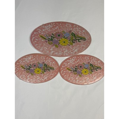 Tara Pink Bouquet Cutting Board Set 3 Vintage Kitchen Decor Floral Glass