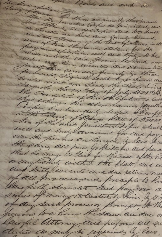 1860s Bond And Oath As Sheriff J.C.  Cooper Document Texas End Of Civil War Era