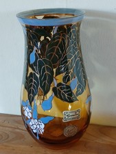  Jugendstil Glas Vase, braun, Emaille Malerei, Egermann Bohemia Christal H=16cm