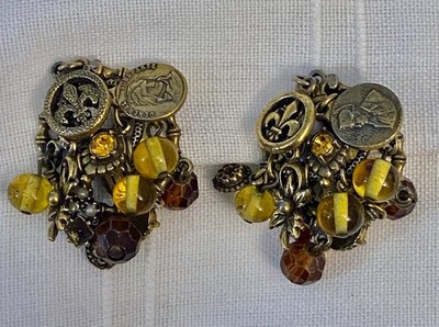 Vintage ART Arthur Pepper Dangle Bead Coins Fleur De Lis Earrings Clip READ! E37