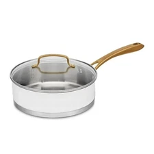 Cuisinart Classic 2.5qt Stainless Steel Saucepan, Matte White, Gold Handles