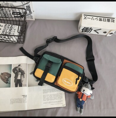 Mens Japanese Chest Bag Black White Crossbody Bag Unisex Messenger Bag Hiphop