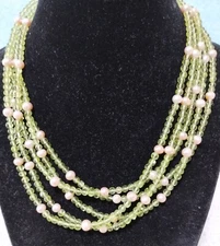 5 Strand Light Green Beads (Peridot by Presidium?) Intersperse Glass Pearls 925