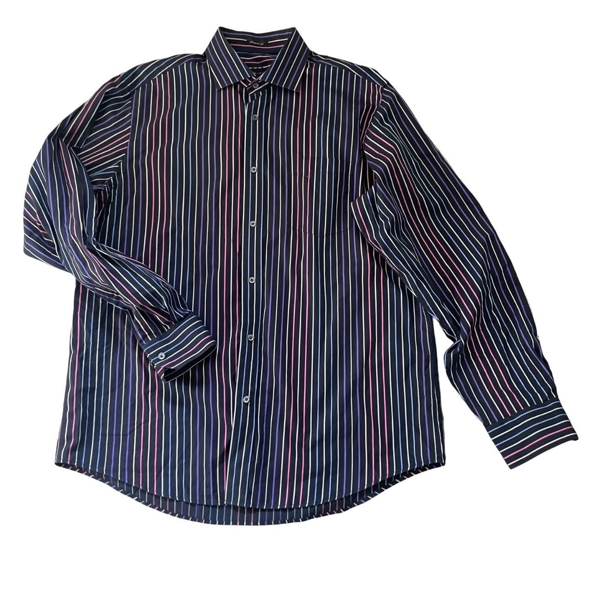 Bugatchi Classic Fit Button-Up Shirt Men L Striped Collared Office