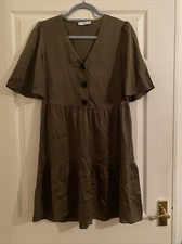 Mango Khaki Tiered Mini Dress, Black Buttons Small