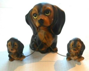 Vintage MCM Porcelain Long Eared Dog Trio Mama And Puppies Chain Leash Figurines