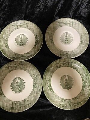 Currier & Ives Scio Pottery Green Oxbow & Plow Butter Churn Saucer Lot of 4