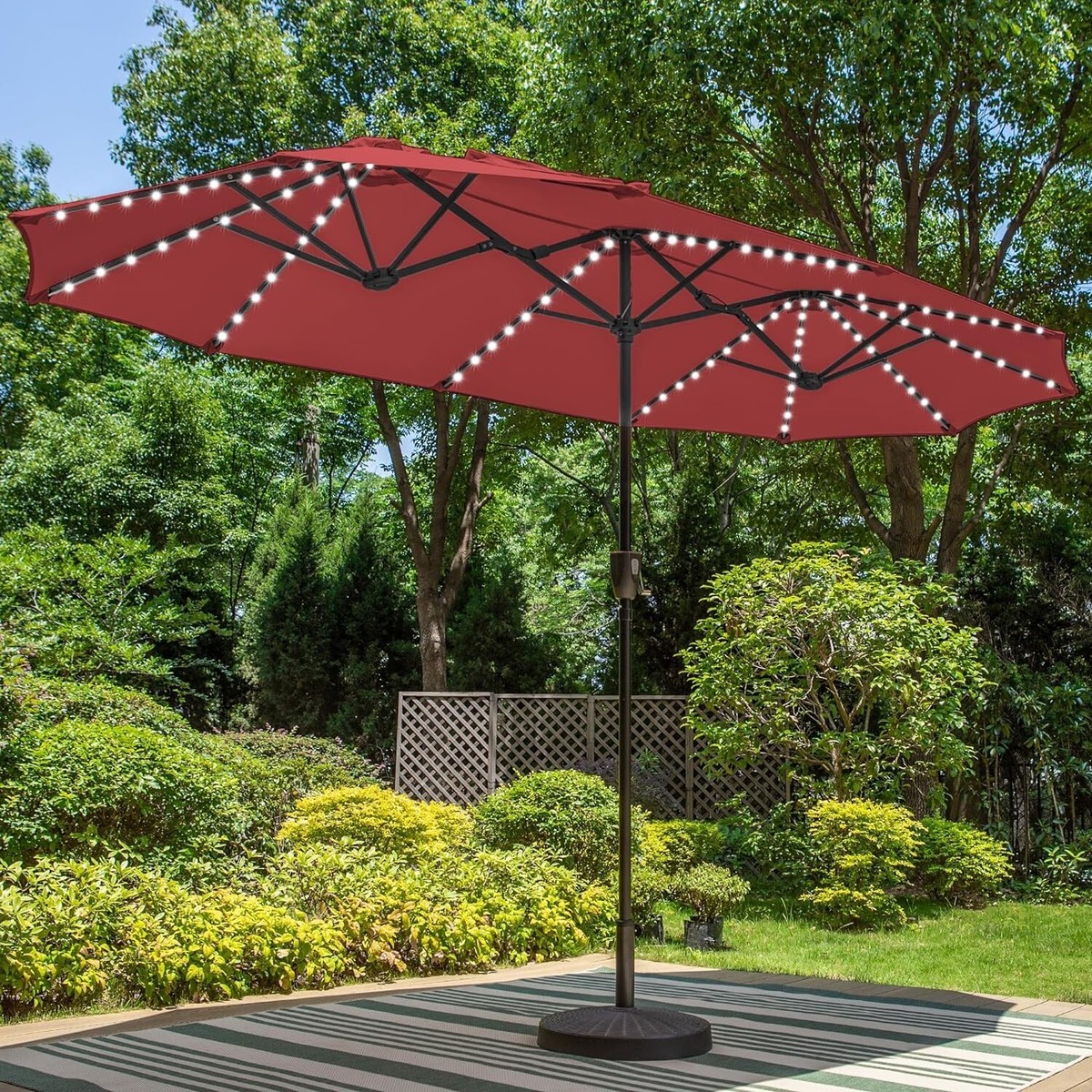 13FT Patio Double-Sided Umbrella with Solar LED Lights Outdoor Umbrella Red  | eBay