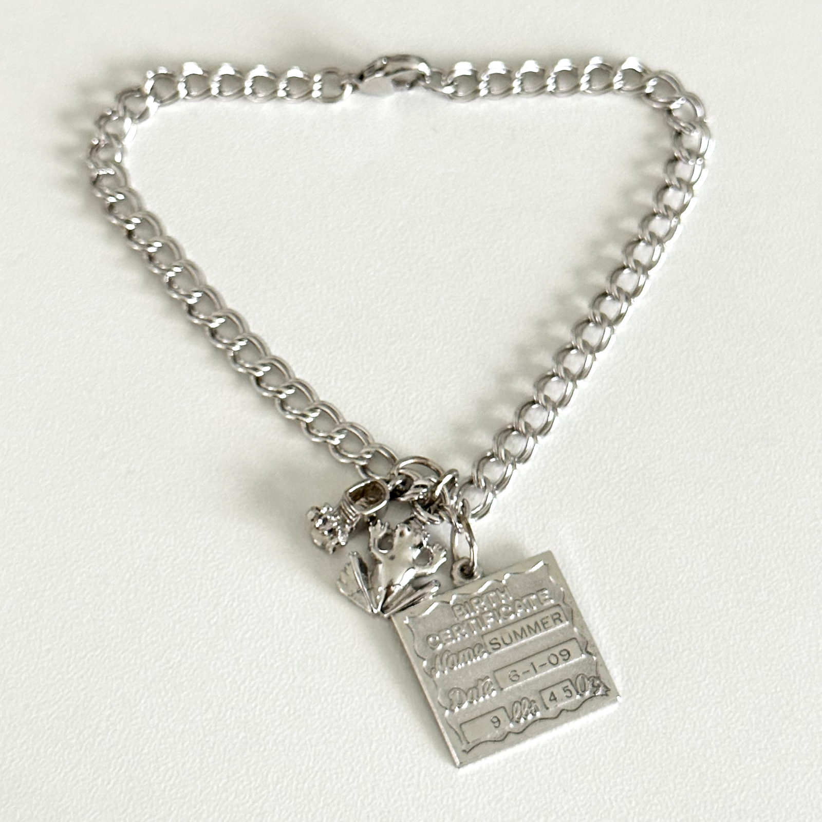 925 Sterling Silver Vintage 3 Charms Curb Chain Link Bracelet 7.75