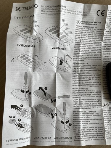SECEUROGLIDE DELUXE REMOTE CONTROL HANDSET - 4 CHANNEL - TELECO TVMIO868A04B - 第 4/4 張圖片