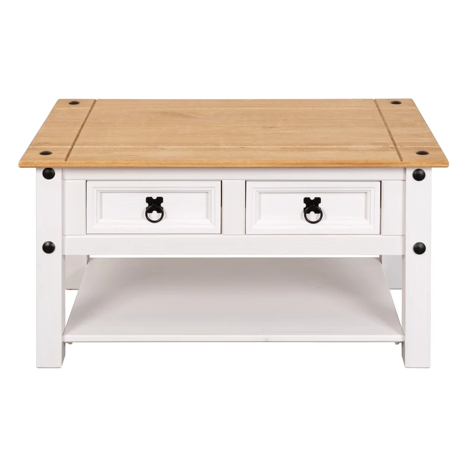 Corona White Coffee Table with 2 Drawers & Shelf Solid Mexican Pine Wood - Image 2 of 4