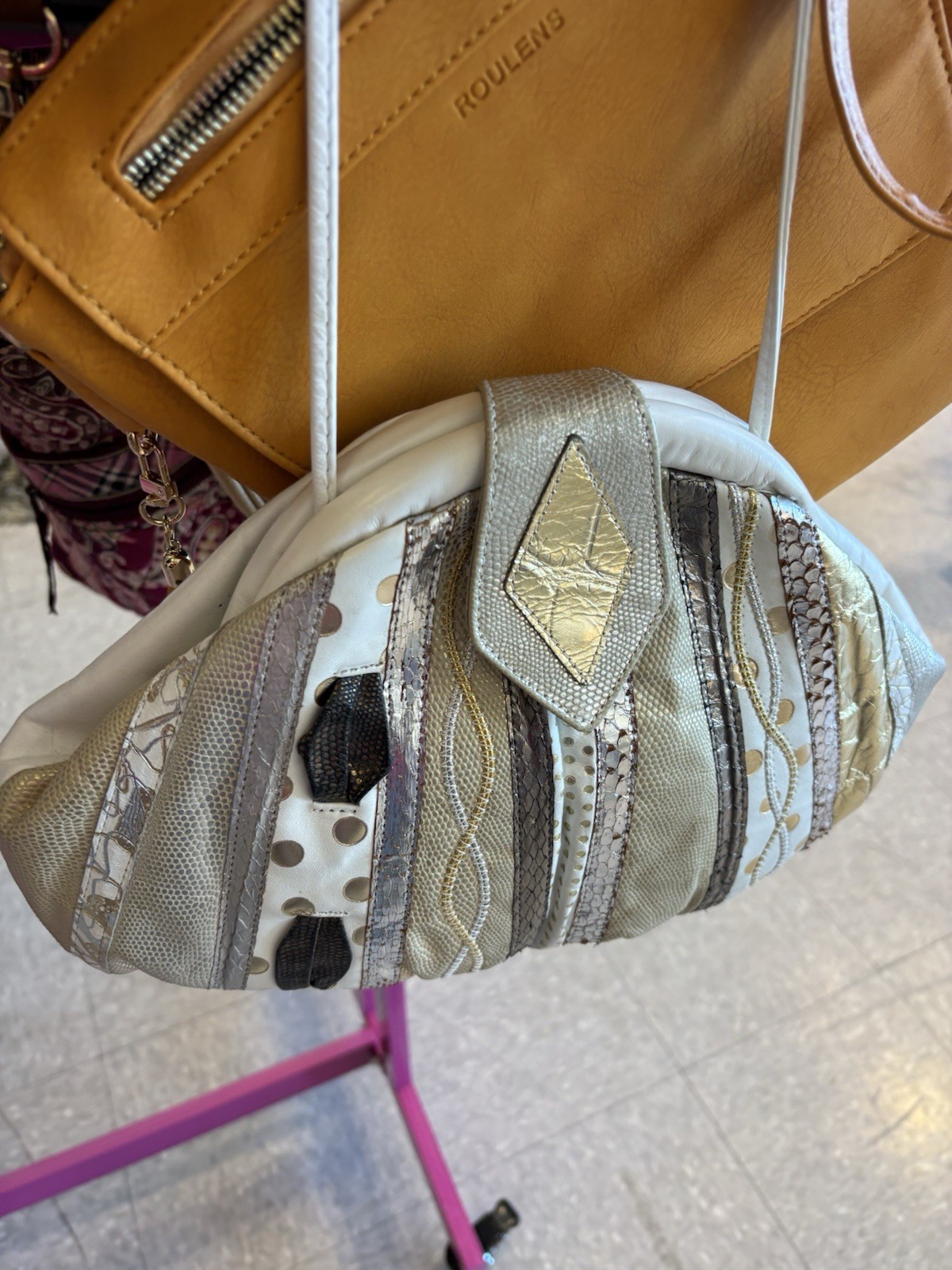 Samir Patchwork Crescent Shoulder Bag White Gold … - image 1