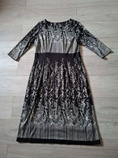 Hudson & Onslow Black & Beige Floral Woven Stretch Midi Dress Smart Retro UK16
