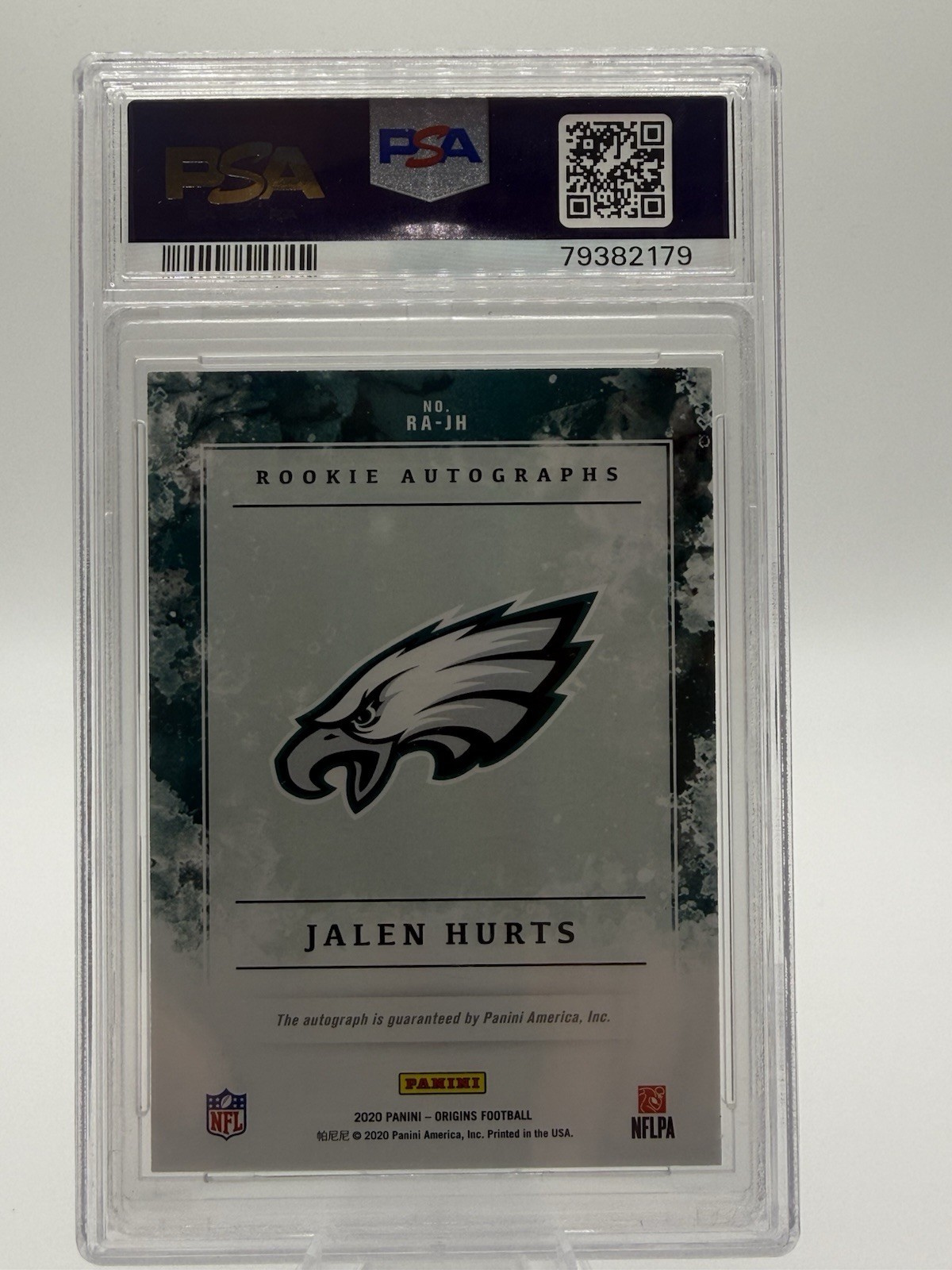 Panini 2020 Origins Jalen Hurts Rookie Autographs RC Auto RA-JH PSA 10 view 2