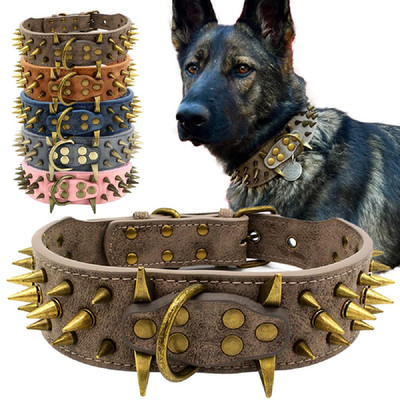 Uvonokay 2 Inch Wide Spiked Studded Dog Collar Pu Leather Anti-Bite Protection