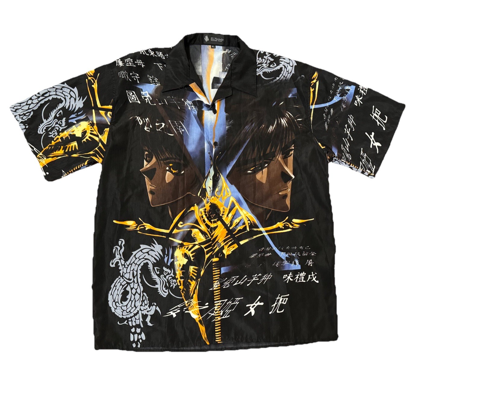 Vintage Anime Shirt Button Up Dragon Y2K All Over Print Mens XL