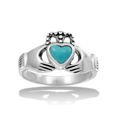 .925 Sterling Silver High Polished Claddagh with Turquoise Heart Ring