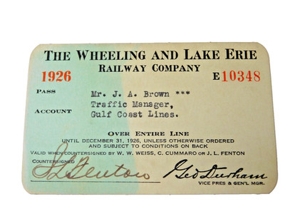 1926 Wheeling & Lake Erie Railway Railroad System Pass #E10348