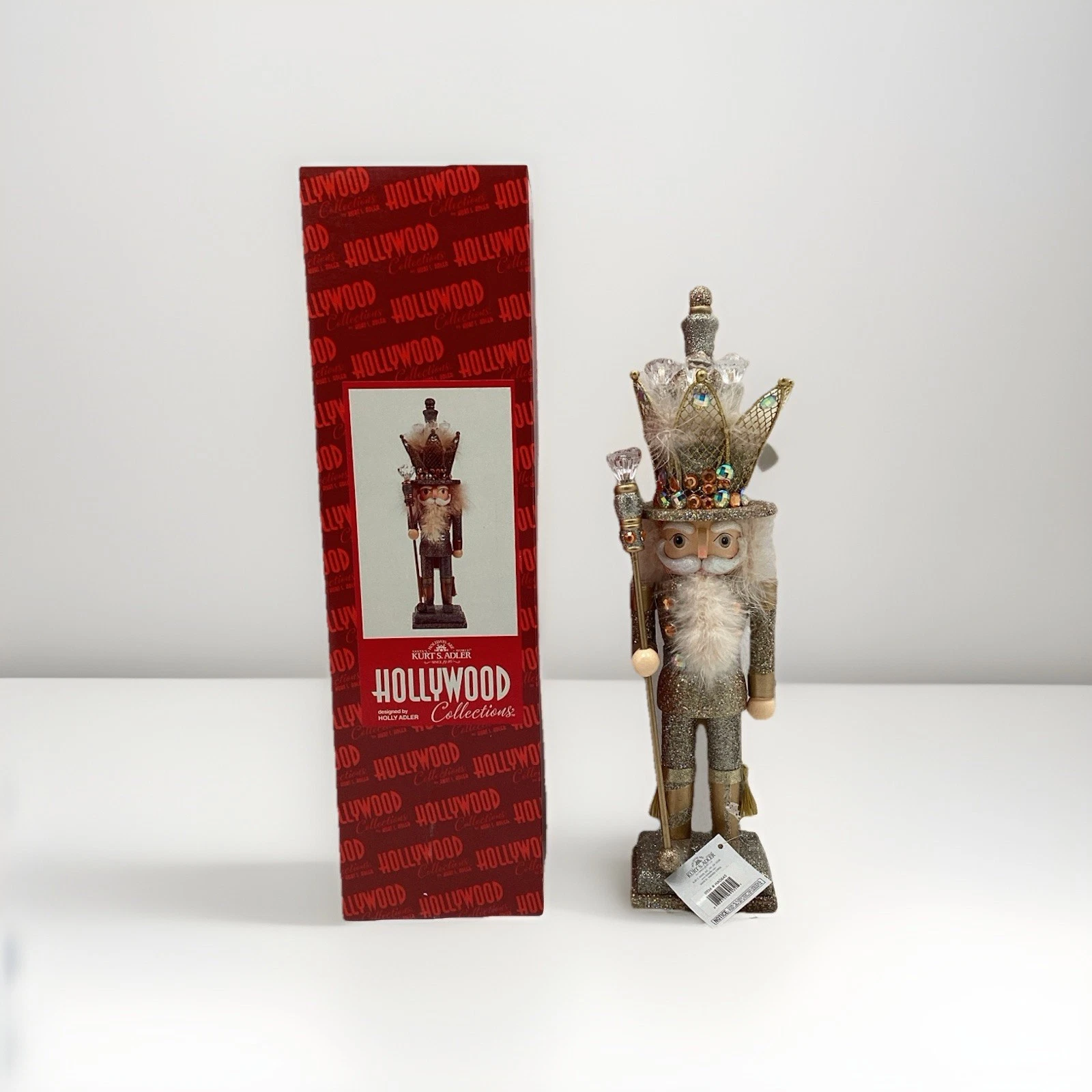 16-Inch Kurt S. Adler Hollywood Platinum and Gold Glitter King Nutcracker, New