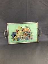 Vintage Antik Serviertablett Tablett mit Obstdekor Glas und Metallrahmen