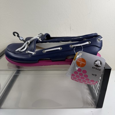 Crocs Damen UK 7 W9 Beach Line Slipper Bootsschuhe Navy Blau Rosa Halbschuhe Neu
