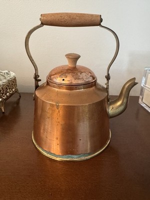Antique Large Copper and Brass Tea Kettle -12'' tall W/wooden Handle