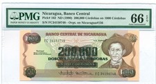 Nicaragua 1990 200,000 Cordobas on 1000 Cordobas Bank Note Gem Unc 66 EPQ PMG