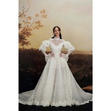 White Lace Applique Wedding Dresses High Neck A Line Skirt Slightly Sheer Gowns