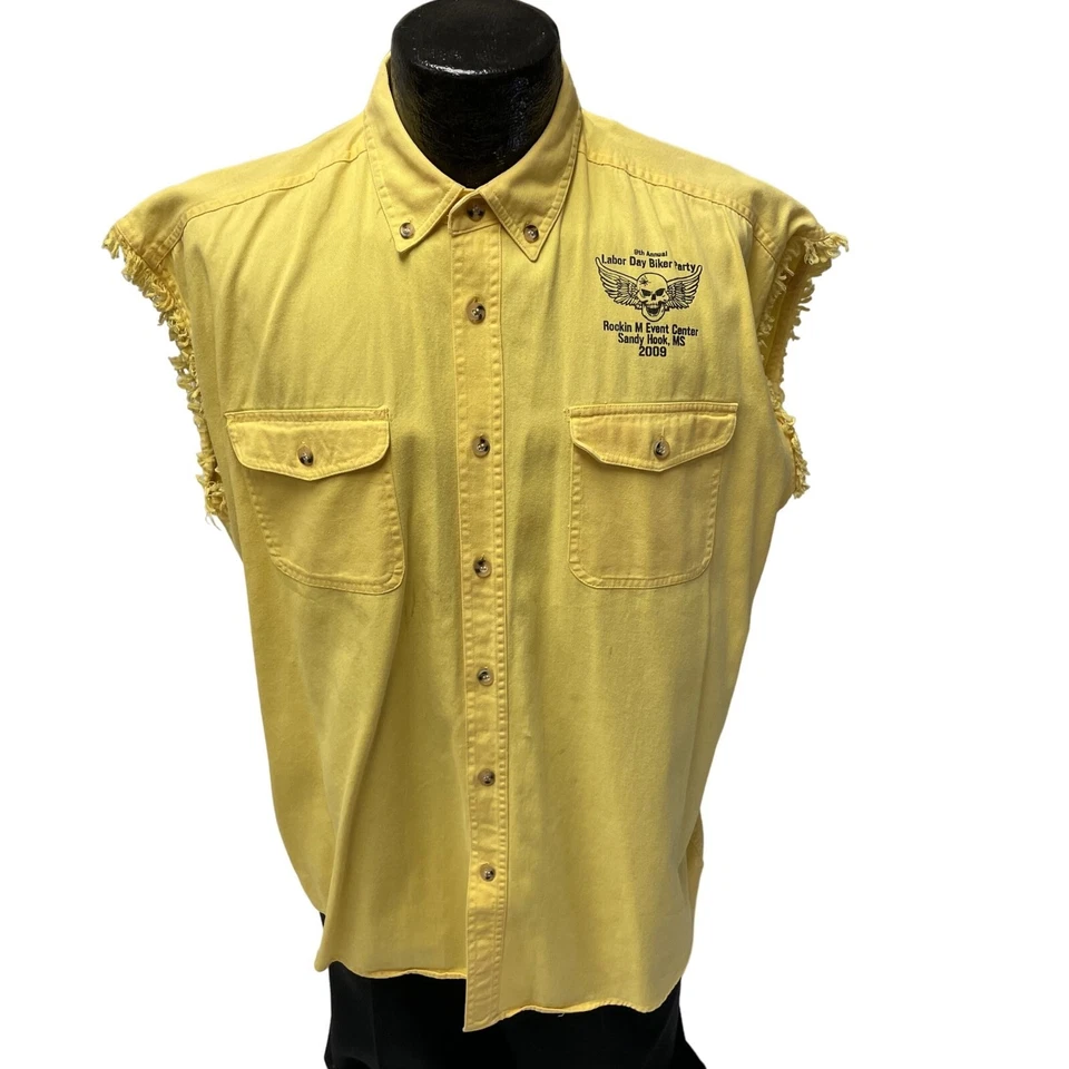 Labor Day BIKER PARTY Wild Pig HOG BEER Yellow Motorcycle SLEEVELESS Denim Shirt - Image 3 of 4