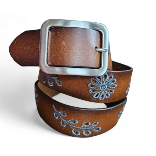 Unbranded Brown Leather Belt with Blue Floral Embr