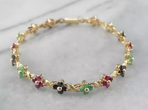 7 Ct Round Simulated Ruby Women's Flower Tennis Bracelet 14K Yellow Gold Plated - Picture 3 of 6