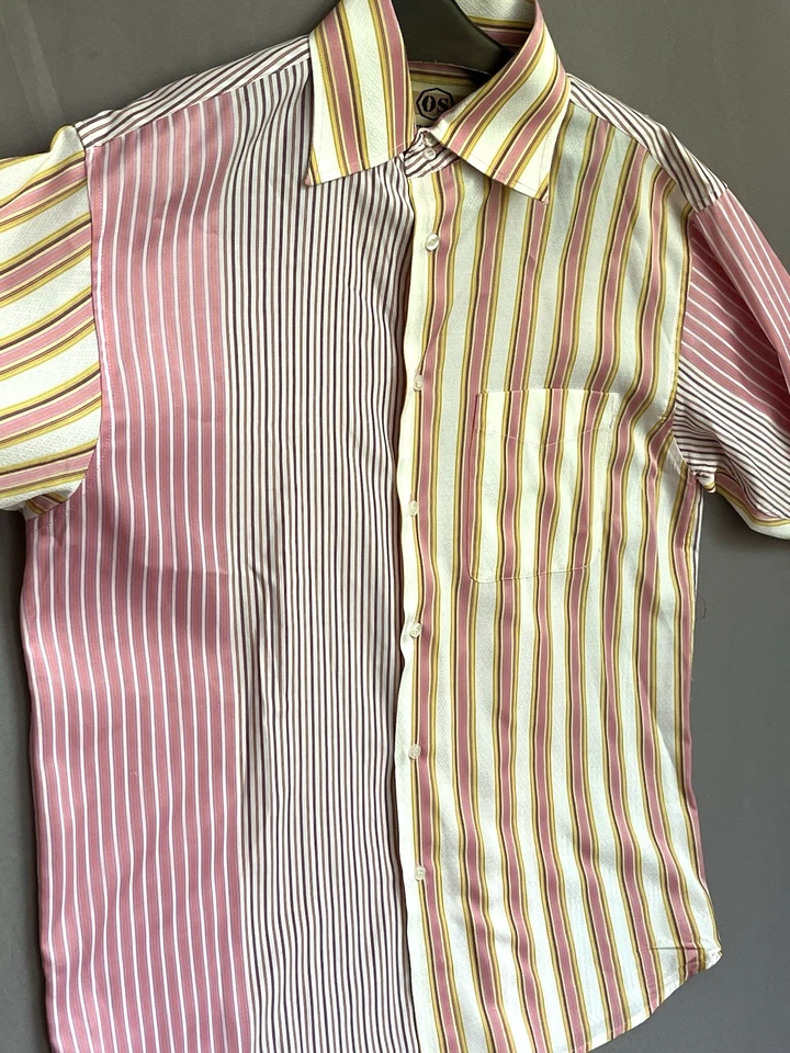 Camisa para hombre OLD SKOOL talla M rosa y amarillo a rayas puños franceses abotonados Foto 4 de 4