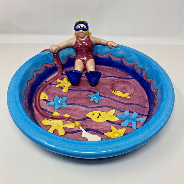 12" Summer Stock Swimming Pool Chip Bowl Ceramic 1999 Hand Painted