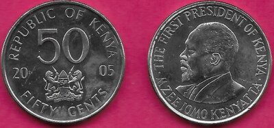 KENYA 50 CENTS 2005 UNC FIRST PRESIDENT BUST OF MZEE JOMO KENYATTA LEFT,NATIONAL