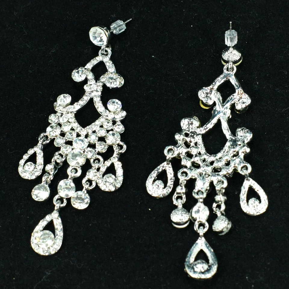 Chandelier Dangle Drop Earrings Clear Crystal Rhinestone Rhodium Plated Wedding - Image 3 of 4