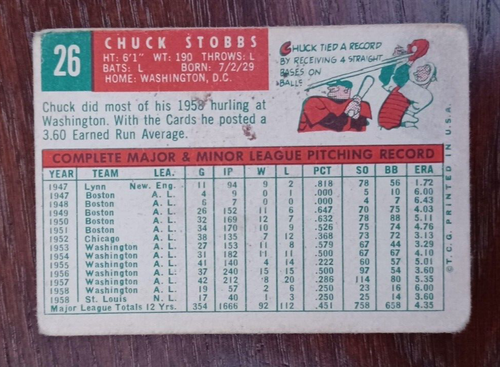 1959 Topps, Chuck Stobbs, St. Louis Cardinals, lanzador, tarjeta de béisbol #26 - Imagen 2 de 2