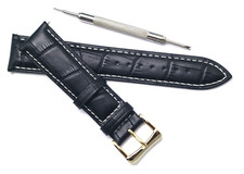 20mm Black/White Croco Embossed Leather Unisex Watch Band Gold Buckle With Tool